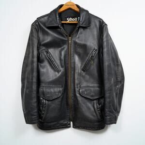 Vintage Schott 685 Leather Car Coat Jacket Black USA Sz 40 Distressed Repair